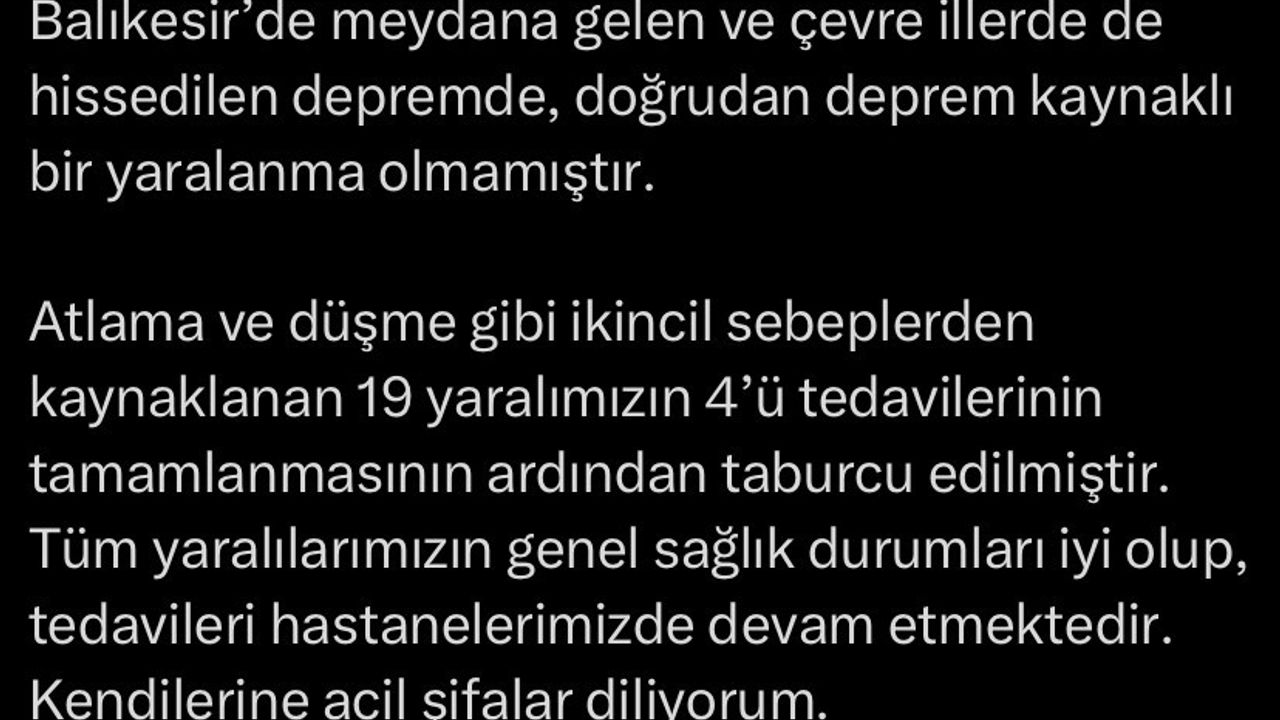 Bakan Memişoğlu: "Depremde, doğrudan deprem kaynaklı bir yaralanma olmamıştır"