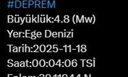 Ege Denizi’nde 4.8 büyüklüğünde deprem