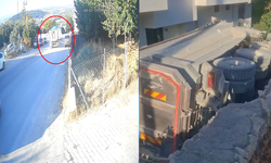 2 otomobile çarpan hafriyat kamyonu, evin bahçesine düştü