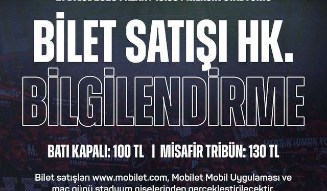 Yeni Mersin İdmanyurdu–Güzide Gebzespor Maçı Biletleri Satışta