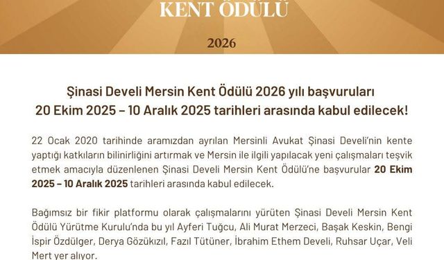 "Şinasi Develi Mersin Kent Ödülü 2026" İçin Başvurular Başladı!