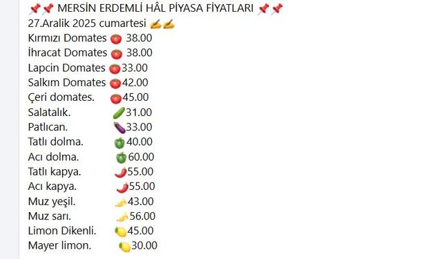 Mersin Erdemli Halinde Sebze ve Meyve Fiyatları Güncellendi