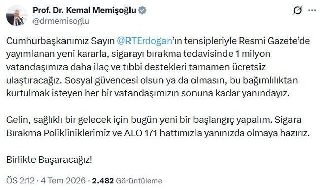 1 milyon kişiye ücretsiz sigara bırakma desteği