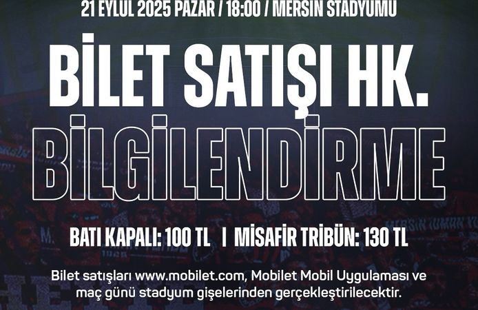 Yeni Mersin İdmanyurdu–Güzide Gebzespor Maçı Biletleri Satışta