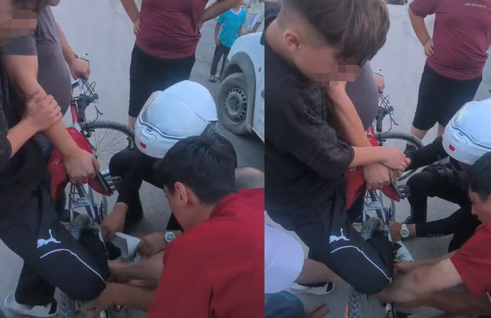 Ayağı bisiklete sıkışan çocuğun yardımına Yunus polisleri yetişti