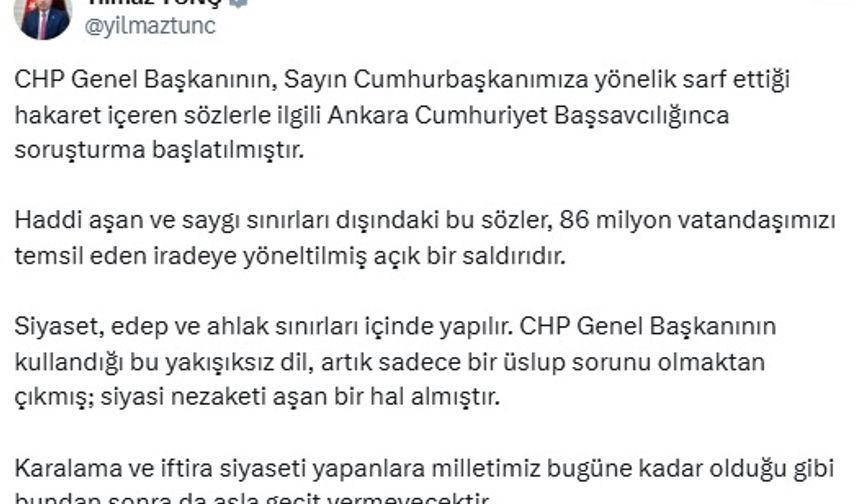 Adalet Bakanı Yılmaz Tunç: CHP Genel Başkanı Hakkında Soruşturma Başlatıldı