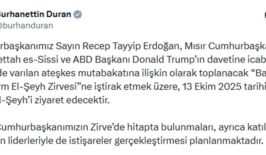 Cumhurbaşkanı Erdoğan, Gazze Zirvesi İçin Yarın Mısır'a Gidecek