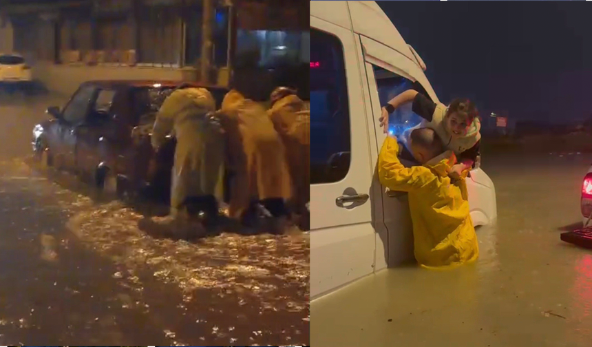 Minibüste mahsur kalan 4 kişiyi itfaiye kurtardı