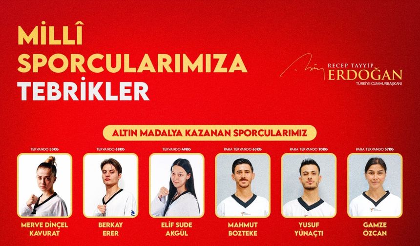 Cumhurbaşkanı Erdoğan’dan şampiyon sporculara kutlama mesajı