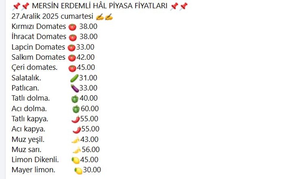 Mersin Erdemli Halinde Sebze ve Meyve Fiyatları Güncellendi