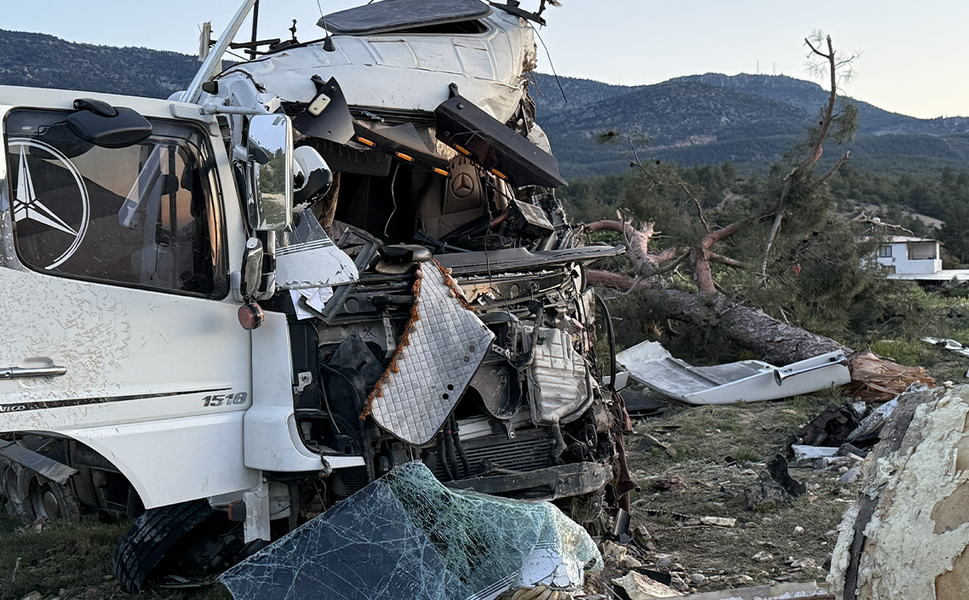Freni boşalan sebze yüklü TIR ağaca çarparak durabildi