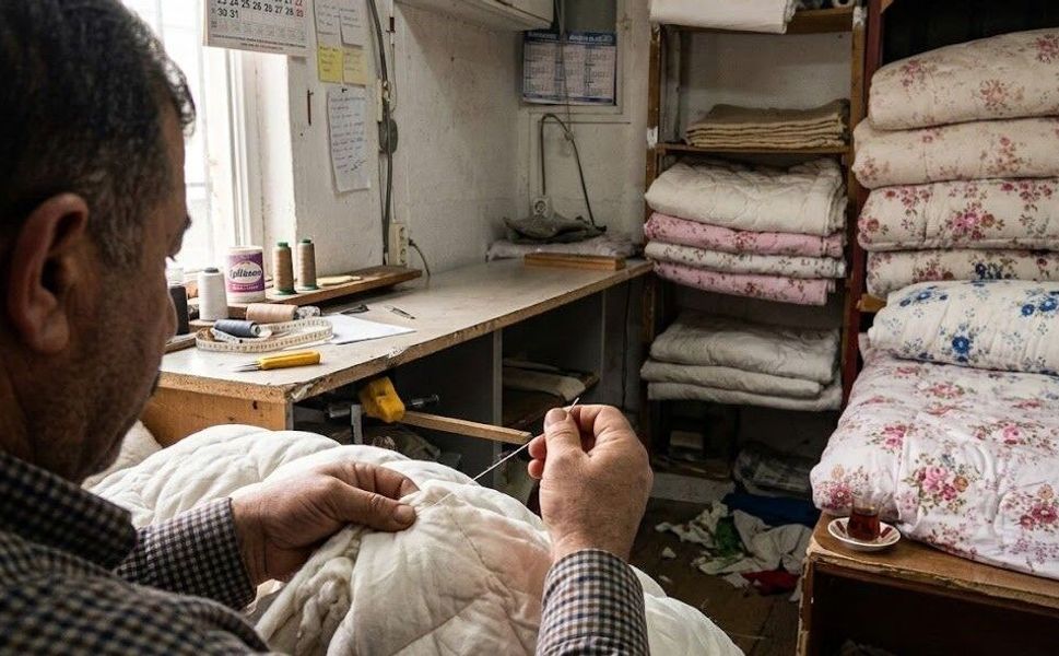 El emeğiyle 32 yıldır pamuk yorgan üretiyor