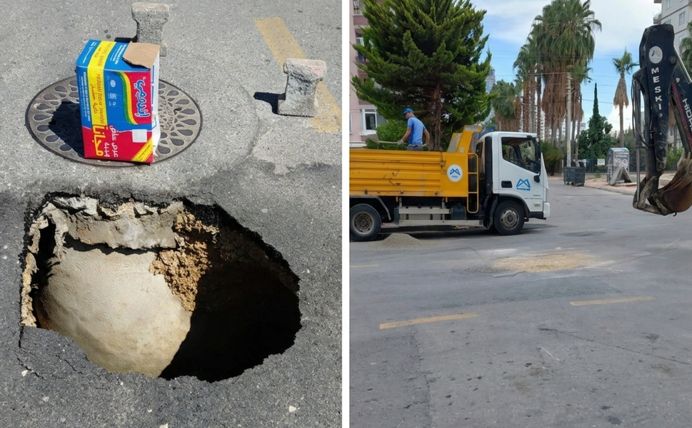 Çöken yol belediye ekiplerince dakikalar içinde onarıldı