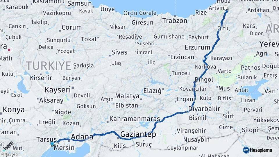 Mersin Artvin Yol Güzergahi 1 2025